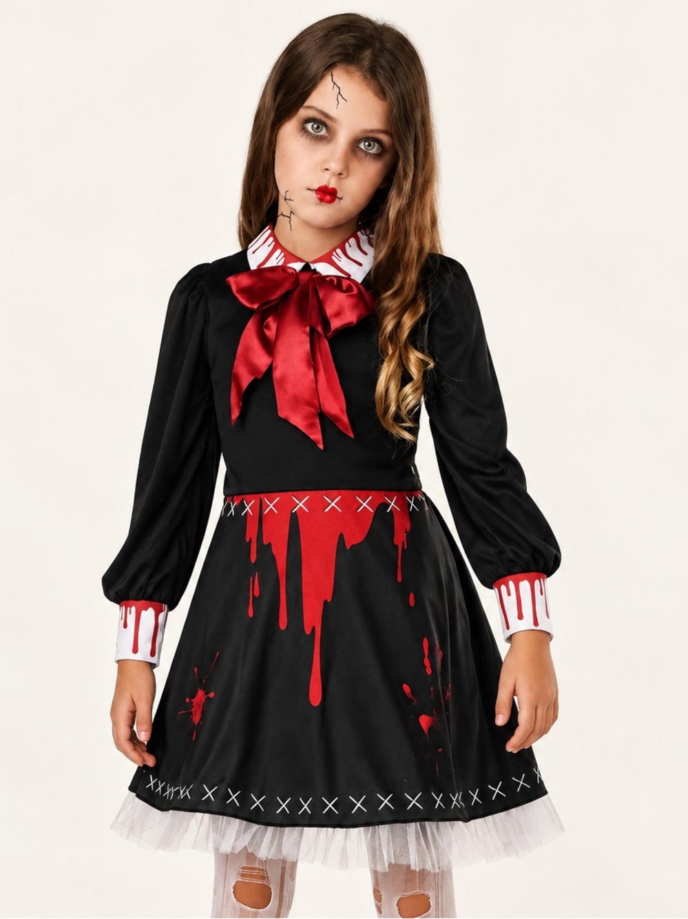 Youth Girls Spooky Doll Halloween Costume Dress w Red Accents / Zombie Babydoll